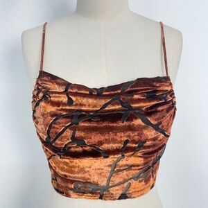 Urban Renewal Shiny Velvet Crop Top w Sheer Cracking in Brown & Black. Size S